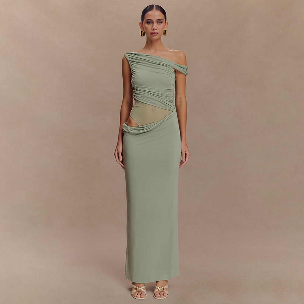 elegant boho dress Maxi With Sleeves Back Style:Zipper casual outings shell dress Leopard Print Sequin Halter