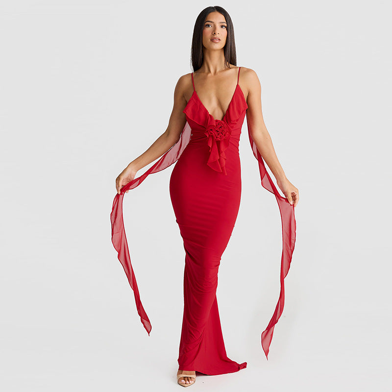 chinese dress ladies Erin Smocked Maxi Dress in Red