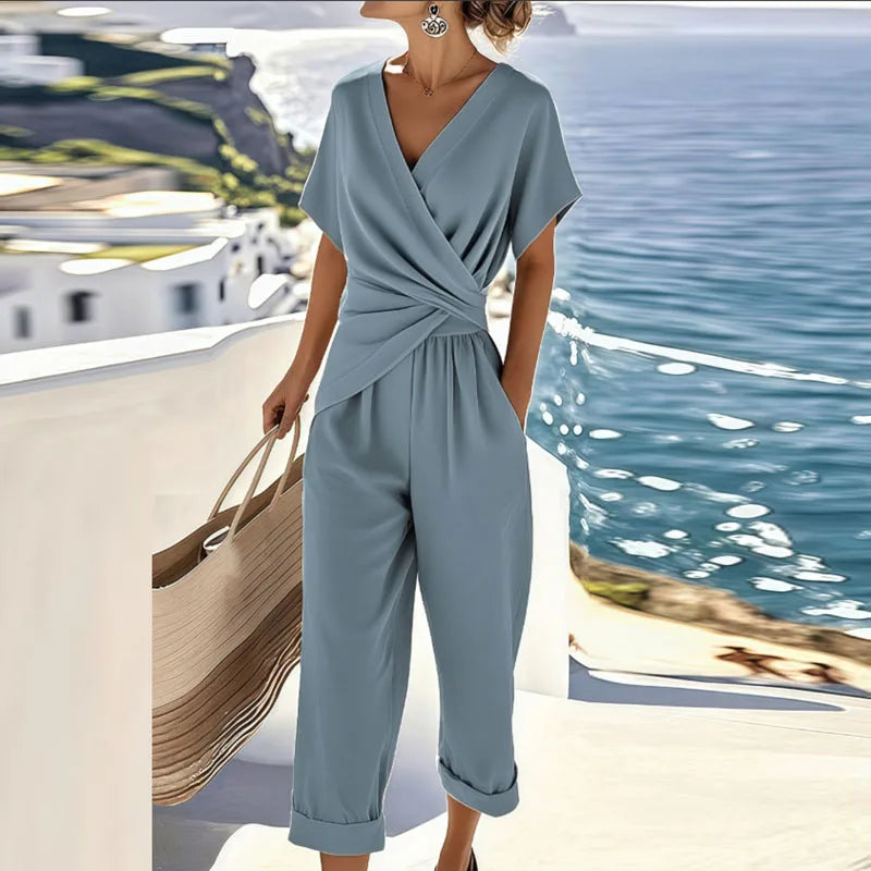 Alvera | Damen Jumpsuit mit V-Ausschnitt und Drapierter Taille