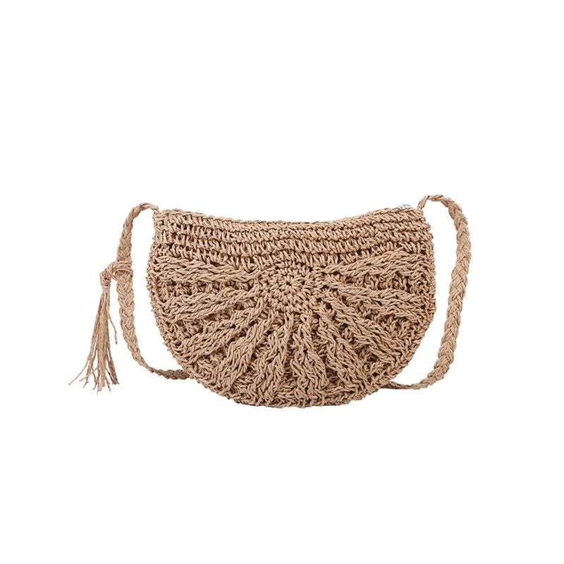Maya Mode Damen Umhängetasche geflochten, halbmondförmig mit Überschlag, braun, 25x20 cm