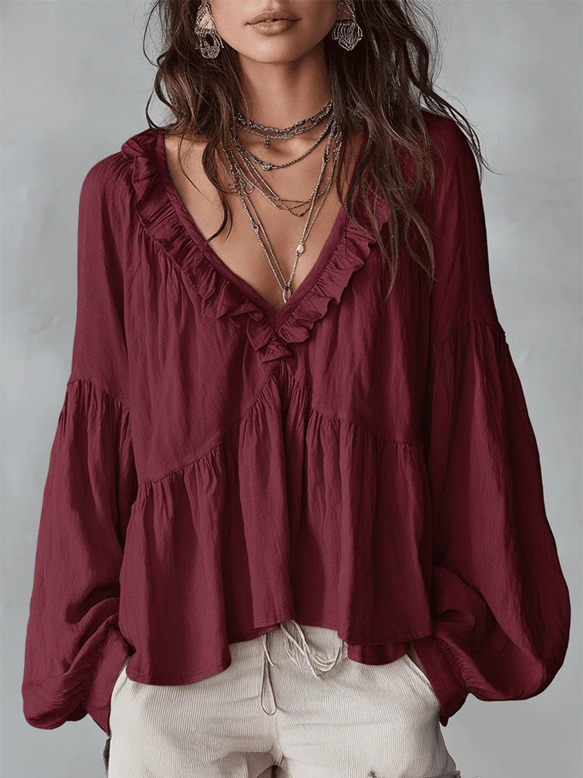 Calypa Damen Bluse mit V-Ausschnitt und Rüschenbesatz