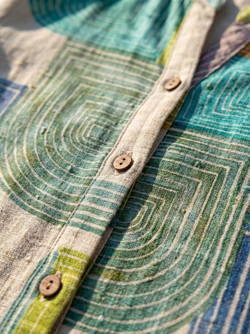 Maya Mode Damen Midikleid V-Ausschnitt Knopfleiste geometrischer Print Knielang