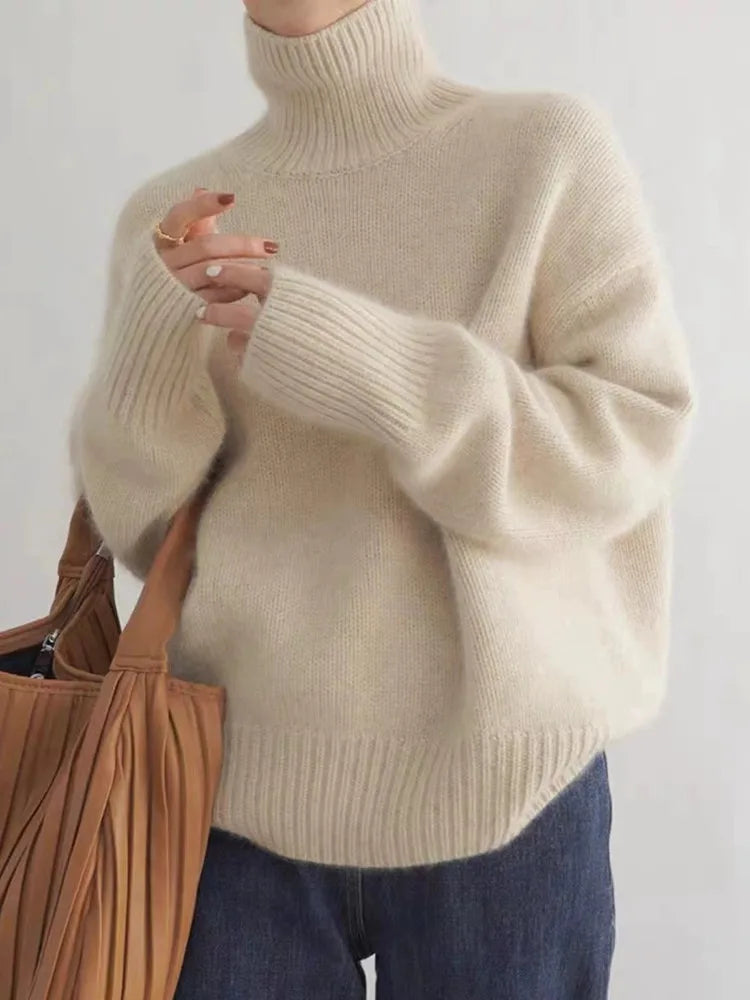 Dione Women's Roll Neck Jumper, Loose Knit with Dropped Shoulders