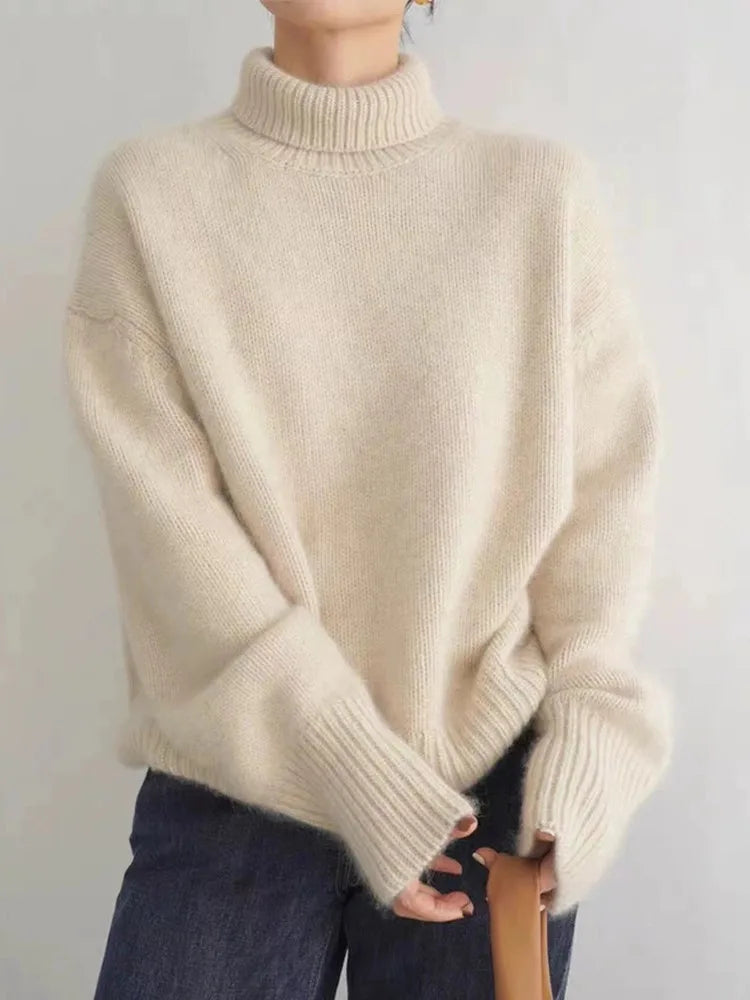 Dione Women's Roll Neck Jumper, Loose Knit with Dropped Shoulders