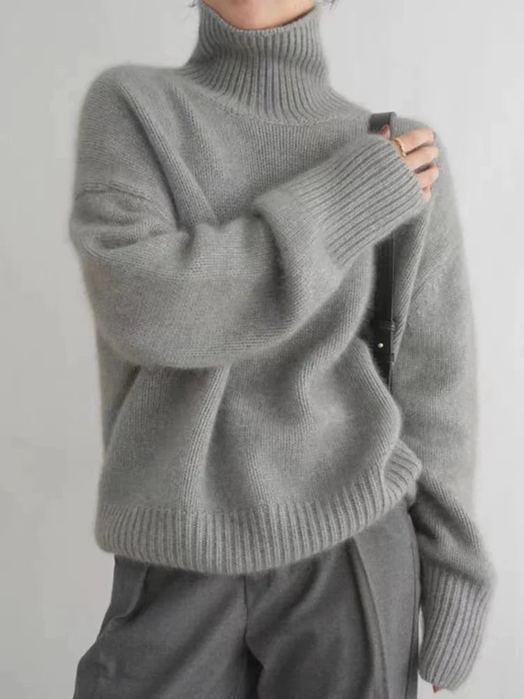 Dione Damen Rollkragenpullover locker gestrickt mit überschnittenen Schultern