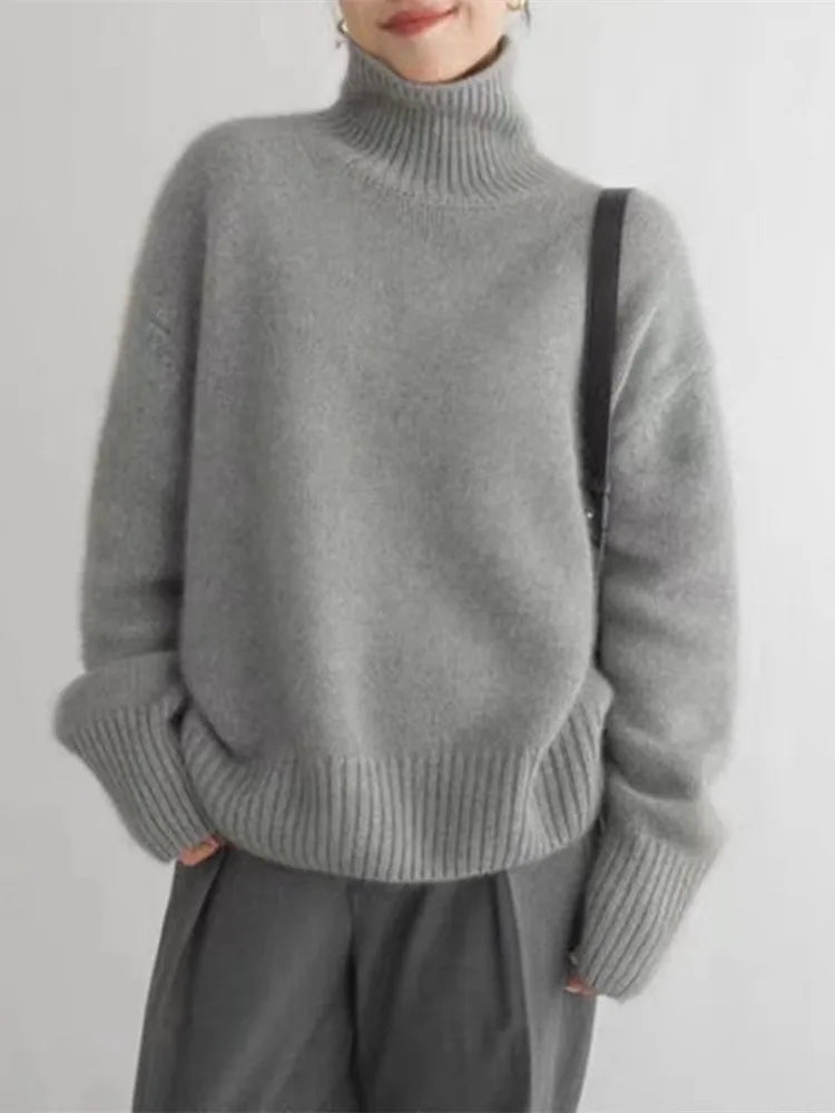 Dione Damen Rollkragenpullover locker gestrickt mit überschnittenen Schultern