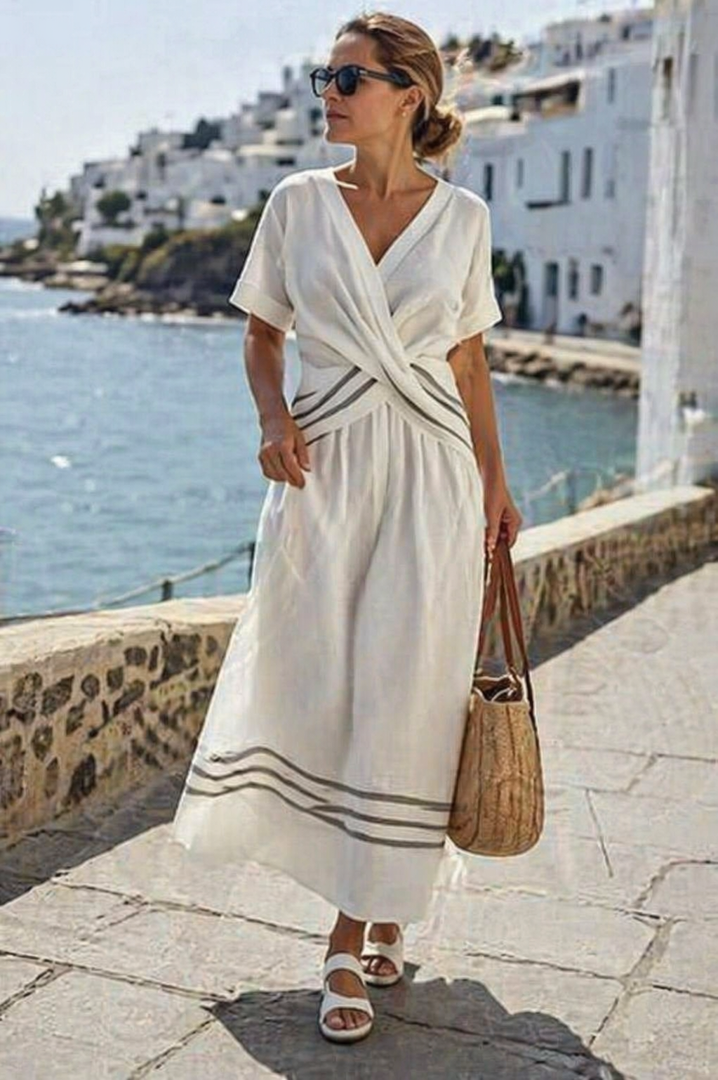 Maya Mode Damen Midikleid mit Wickeloptik, V-Ausschnitt und Saumstreifen, Weiß
