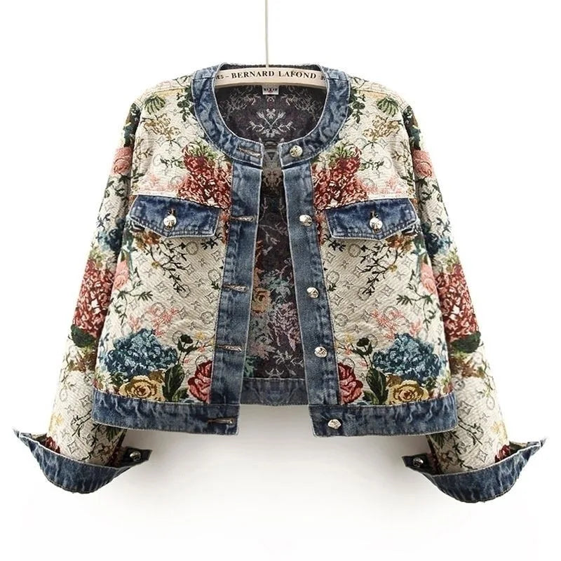 Elena Women's Jacket with Jacquard Pattern and Denim Details