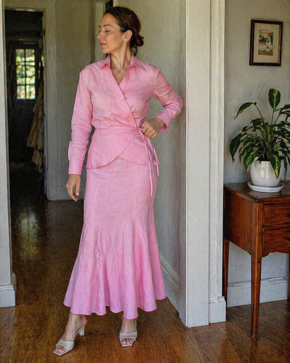 Maya Mode Damen Wickelkleid mit Kragen und Langarm, Rosa, Maxilänge in Leinenoptik