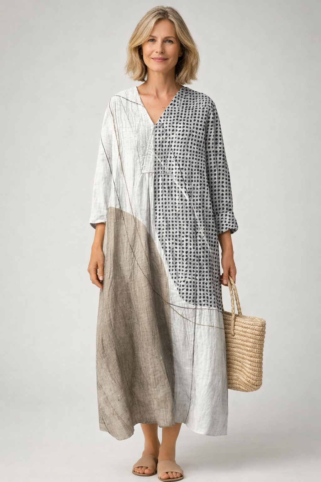 Elowen | Women's V-Neck Patchwork Midi Dress