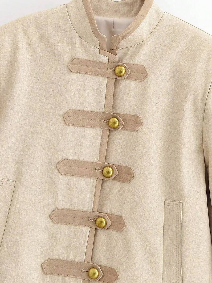 Elowina Damen Kurzjacke mit Stehkragen und Knopfleiste