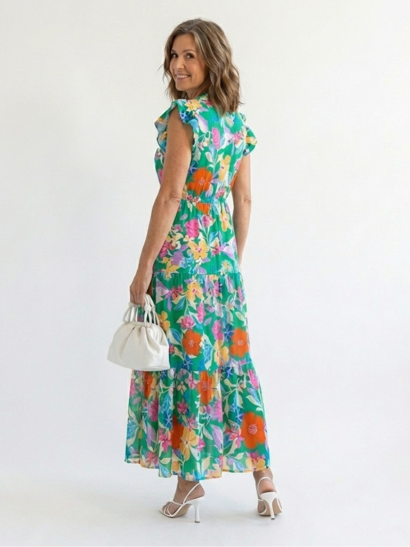 Maya Mode Damen Midikleid mit V-Ausschnitt und Flügelärmeln, Blumenmuster, mehrstufiger Rock