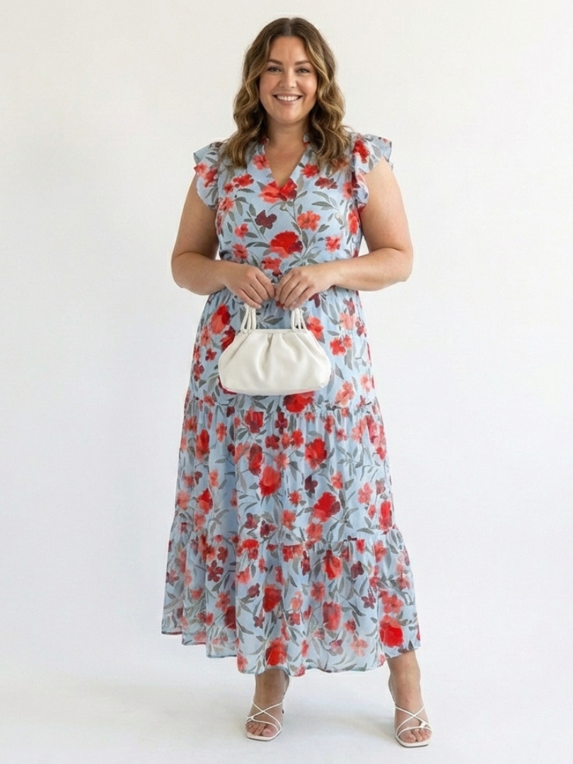 Maya Mode Damen Midikleid mit V-Ausschnitt und Flügelärmeln, Blumenmuster, mehrstufiger Rock