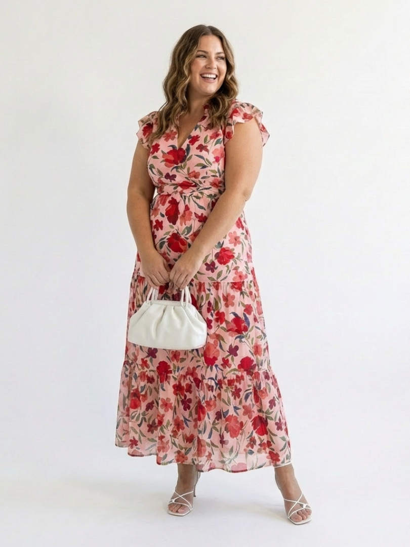 Maya Mode Damen Midikleid mit V-Ausschnitt und Flügelärmeln, Blumenmuster, mehrstufiger Rock