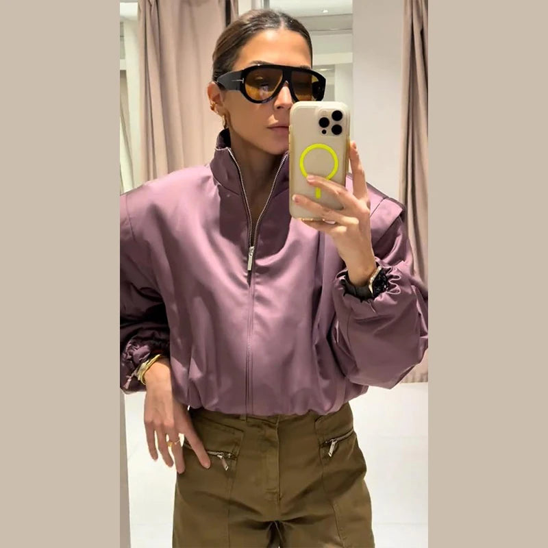 Ines women's satin-look bomber jacket with concealed zip