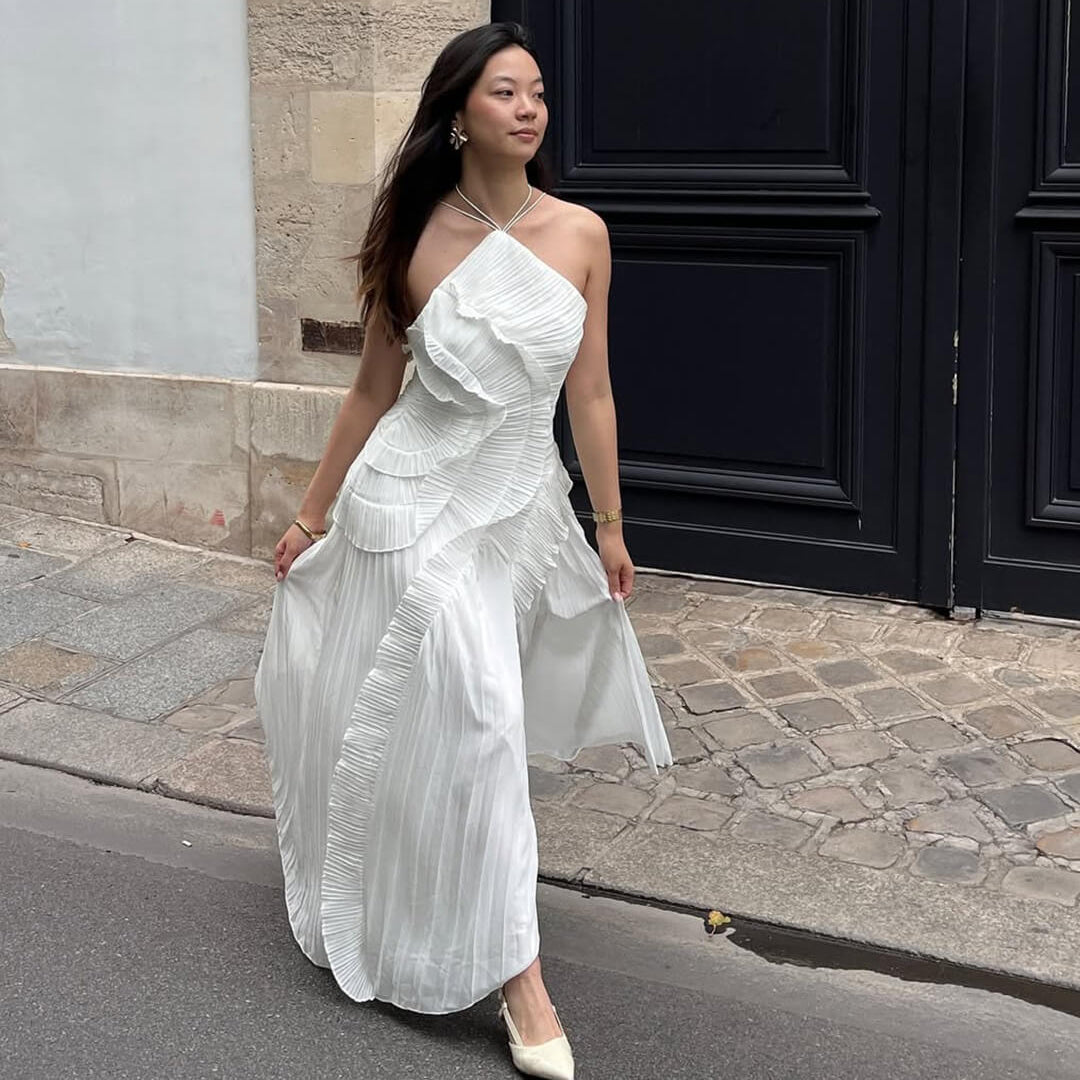 Kirel Halter Neck Maxi Dress with Ruffles and Pleats