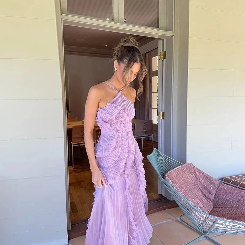 Kirel Halter Neck Maxi Dress with Ruffles and Pleats