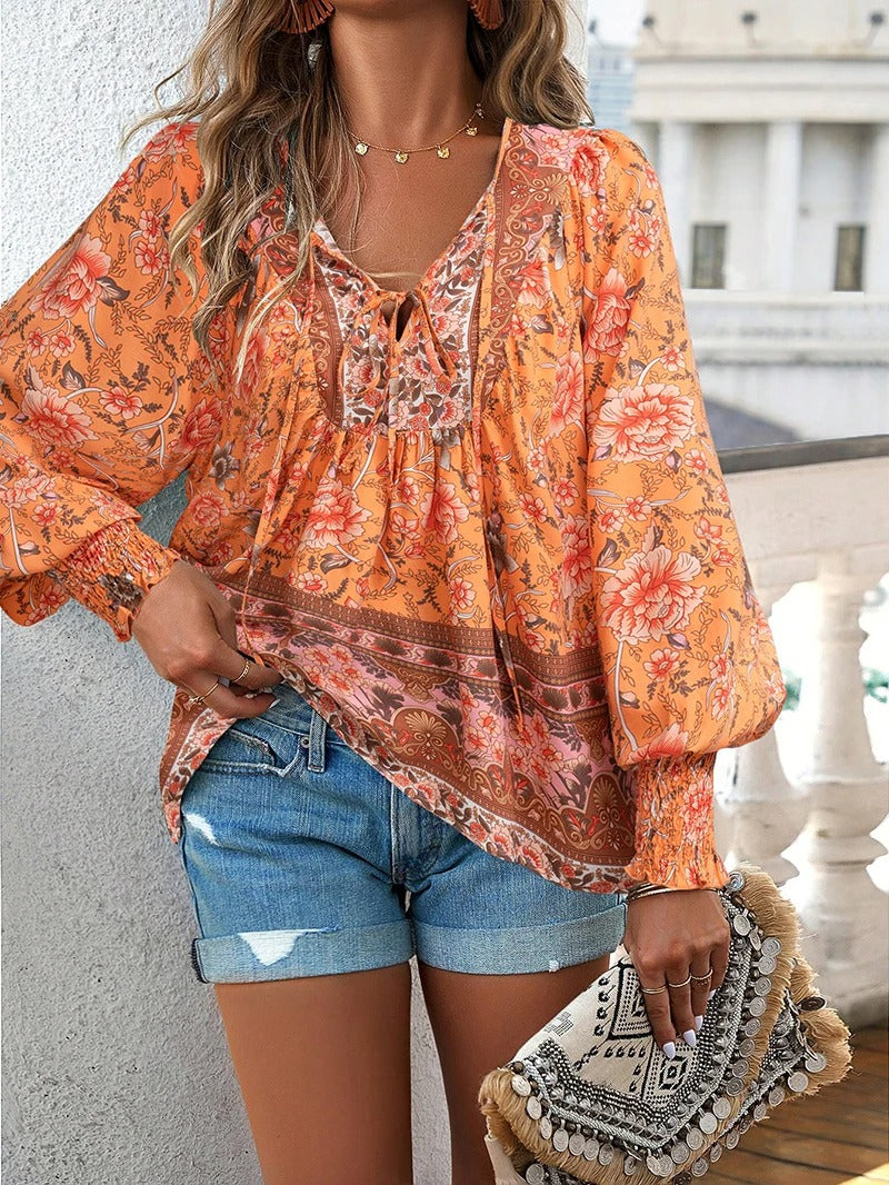 Women's Blouse with Floral Pattern, V-Neck and Tie Band