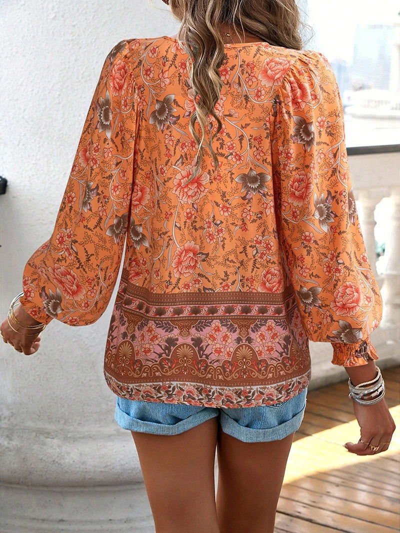 Women's Blouse with Floral Pattern, V-Neck and Tie Band