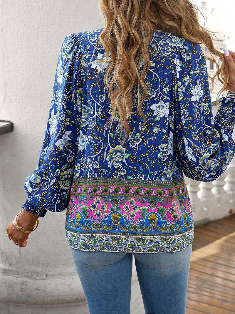 Women's Blouse with Floral Pattern, V-Neck and Tie Band