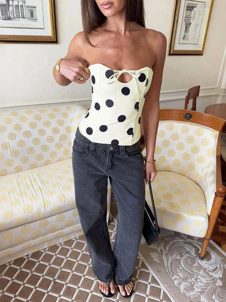 Loriana | Damen Trägerloses Polka-Dot Corsagen-Top