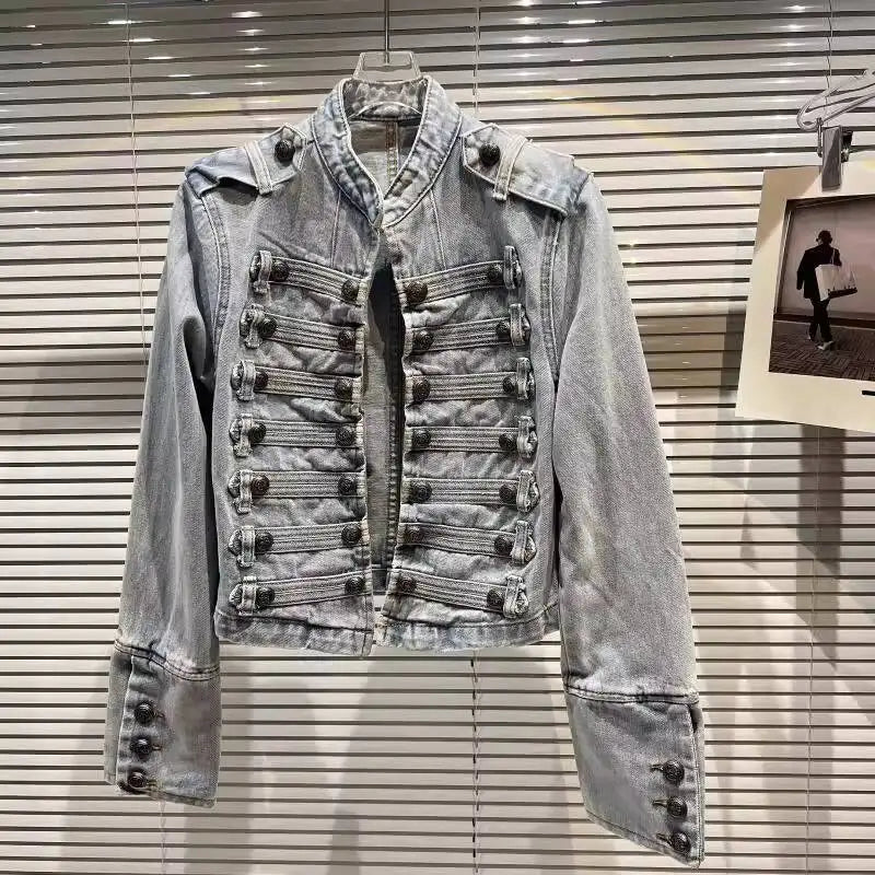 Marina Damen Denim-Kurzjacke im Militär-Stil mit Zierknöpfen