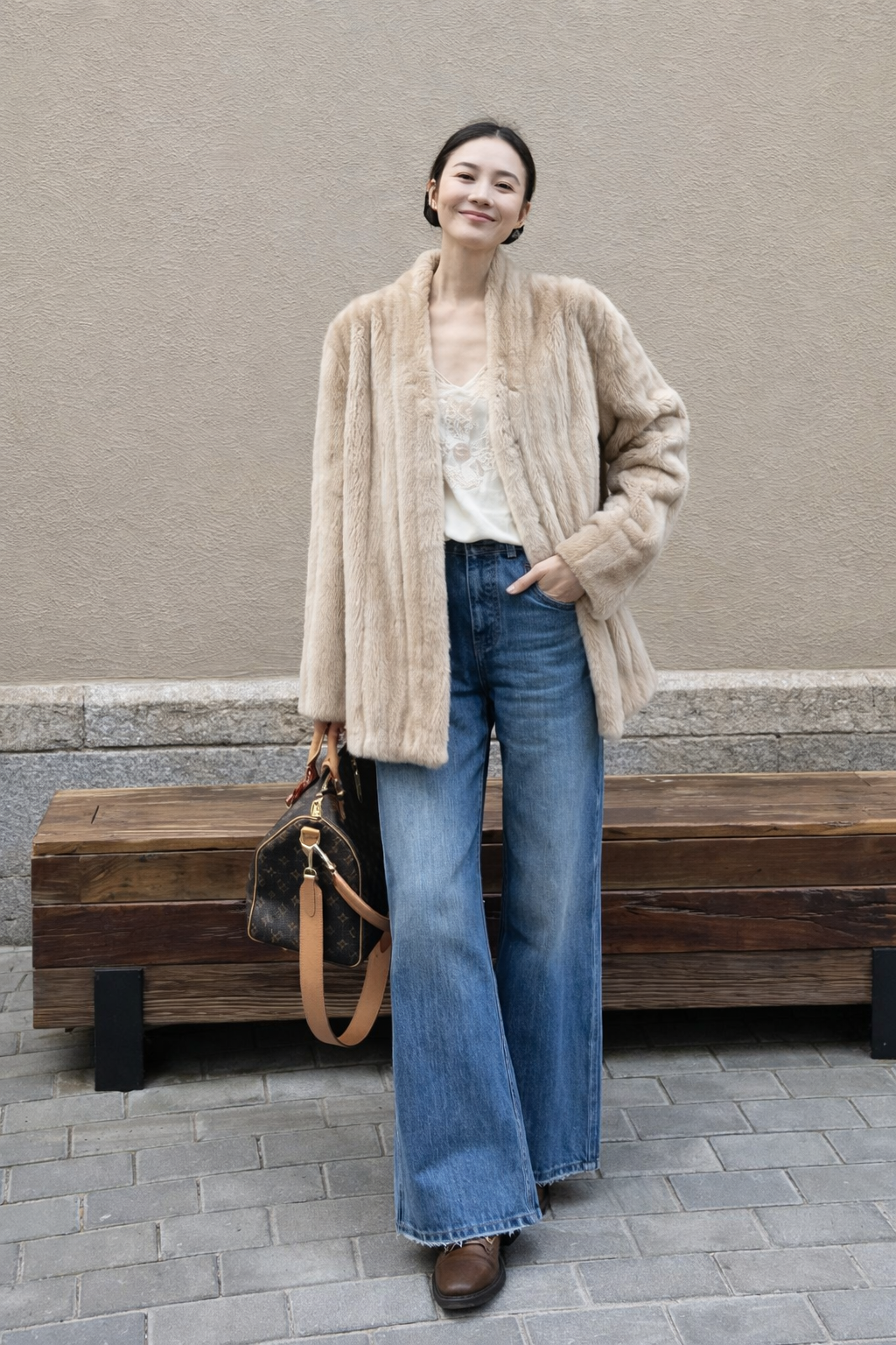 Meloria Damen Jacke in Felloptik mit offenem Frontdesign