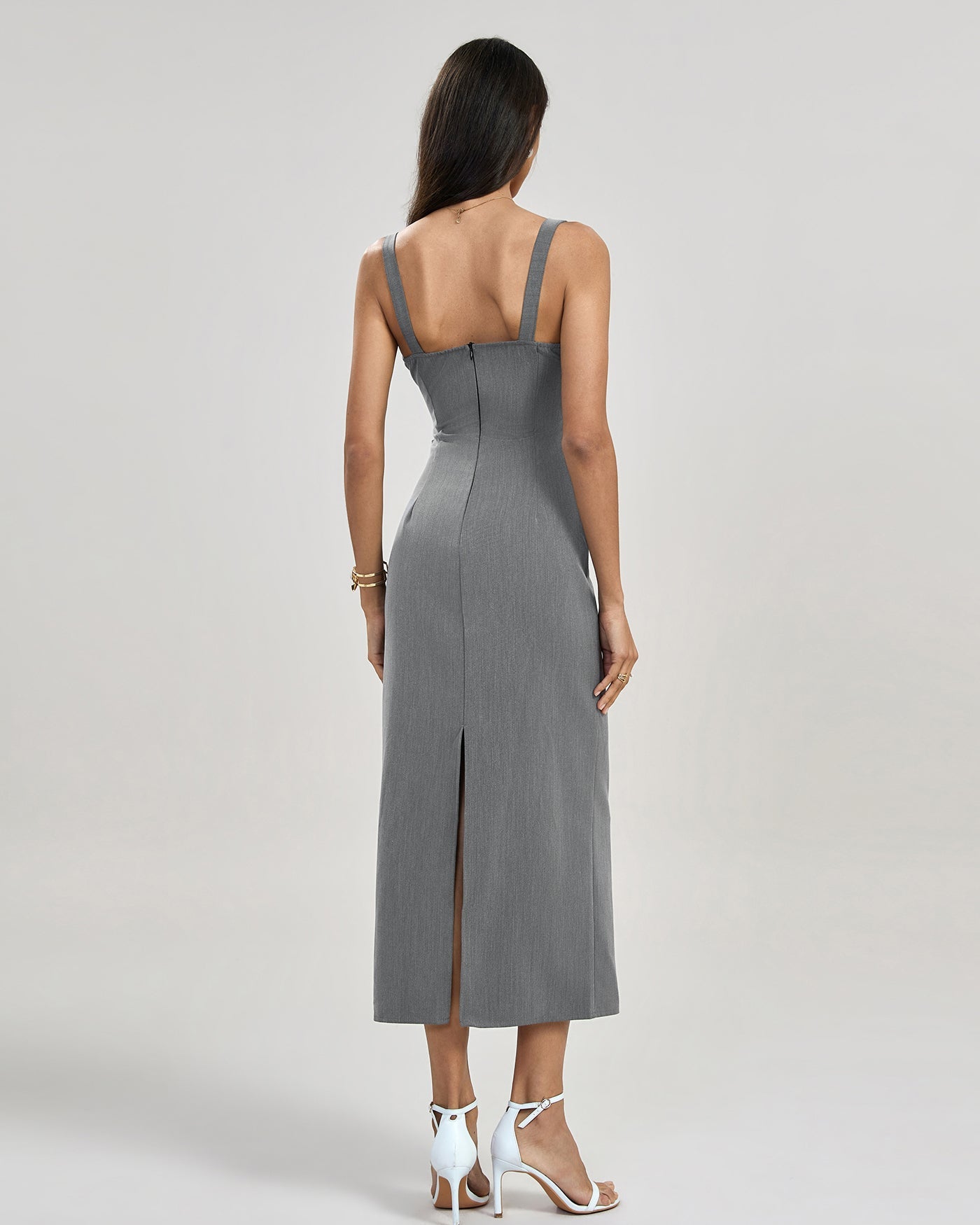 Maya Mode Damen Midikleid Grau Ärmellos Eckiger Ausschnitt Spitzenbesatz Rückenschlitz