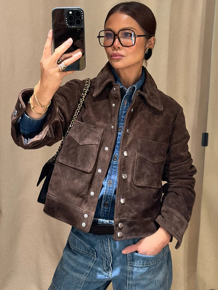 Karis | Damen Übergangsjacke Kurz Braun Mit Knöpfen & Taschen