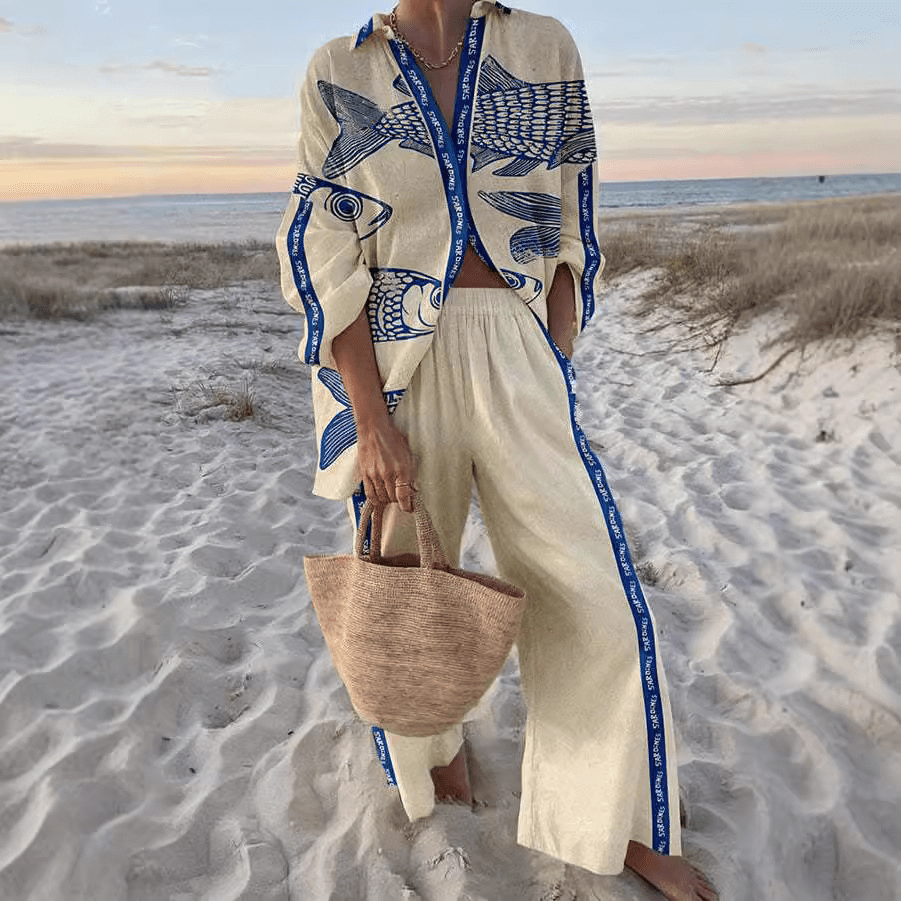 Seraphine | Damen Zweiteiliges Set mit Bedrucktem Hemd und Weiter Hose