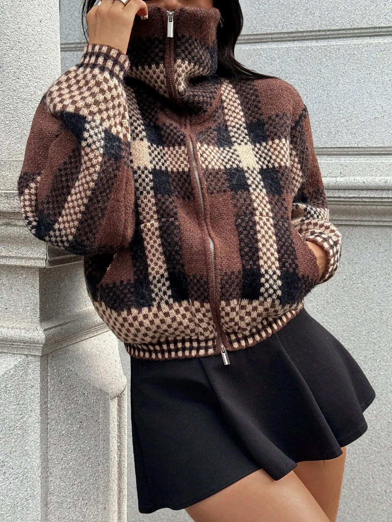 Sifna Women's Plaid Cardigan with Zipper and Stand-Up Collar
