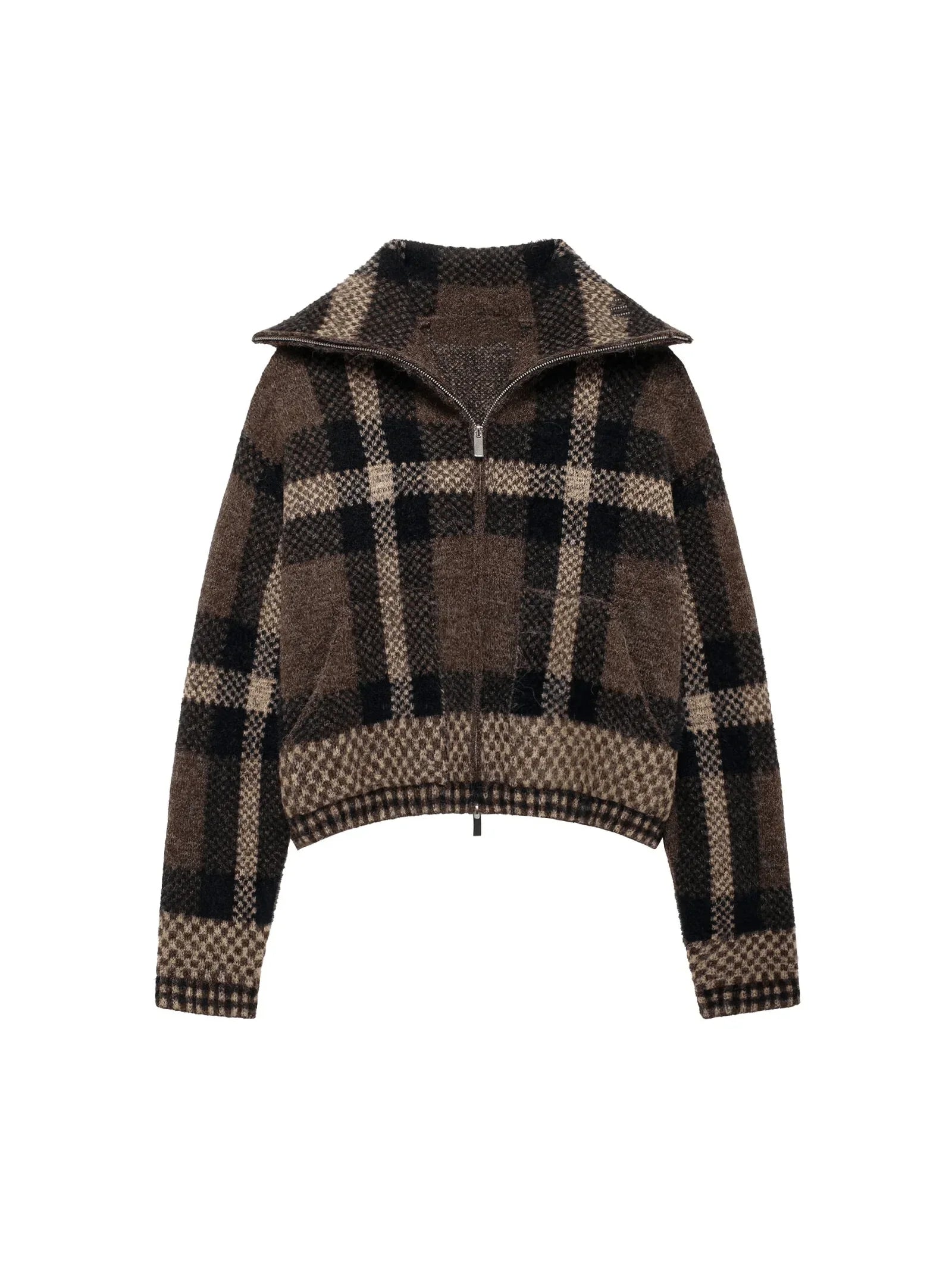 Sifna Damen Strickjacke kariert mit Reißverschluss und Stehkragen