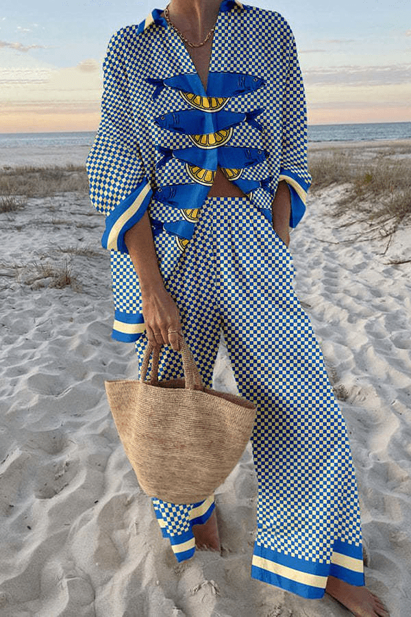 Soraya | Damen Zweiteiliges Set mit Gemustertem Hemd und Weiter Hose