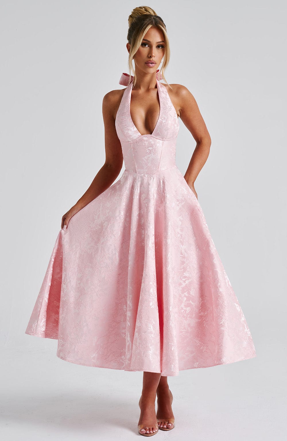 Pink Halter Flared Midi Dress M / Pink Pink Halter Flared Midi Dress M / Pink