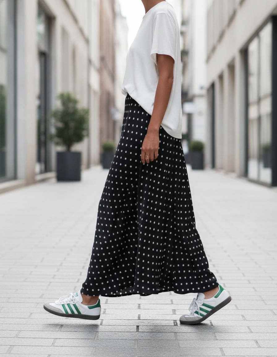 Damen Maxirock mit Polka-Dot-Muster in Schwarz, getragen von einem Model – Maya Mode
