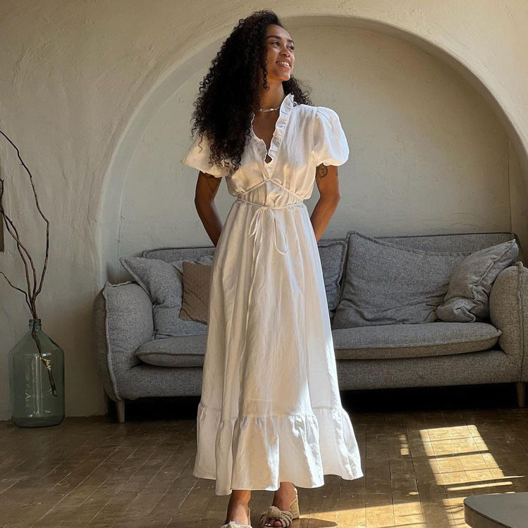 Kassy | Langes Kleid mit V-Ausschnitt und Kurzen Ärmeln