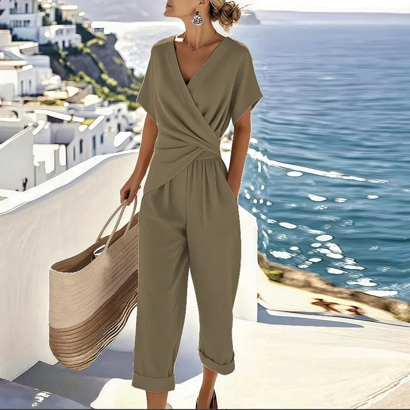 Alvera | Damen Jumpsuit mit V-Ausschnitt und Drapierter Taille