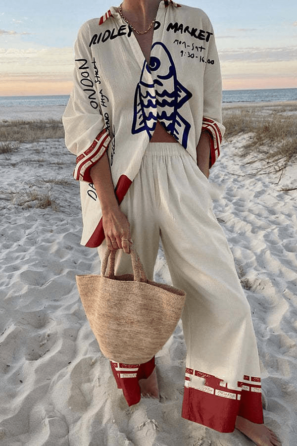 Calista | Damen Zweiteiliges Set mit Bedrucktem Hemd und Weiter Hose