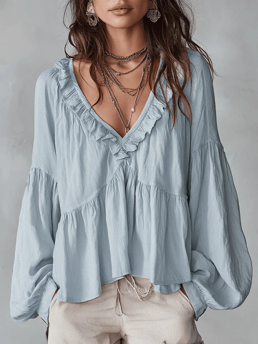 Calypa Damen Bluse mit V-Ausschnitt und Rüschenbesatz
