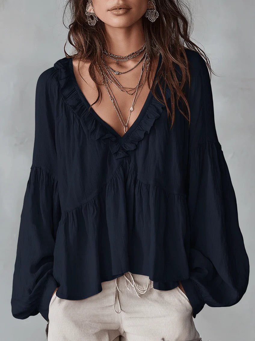 Calypa Damen Bluse mit V-Ausschnitt und Rüschenbesatz
