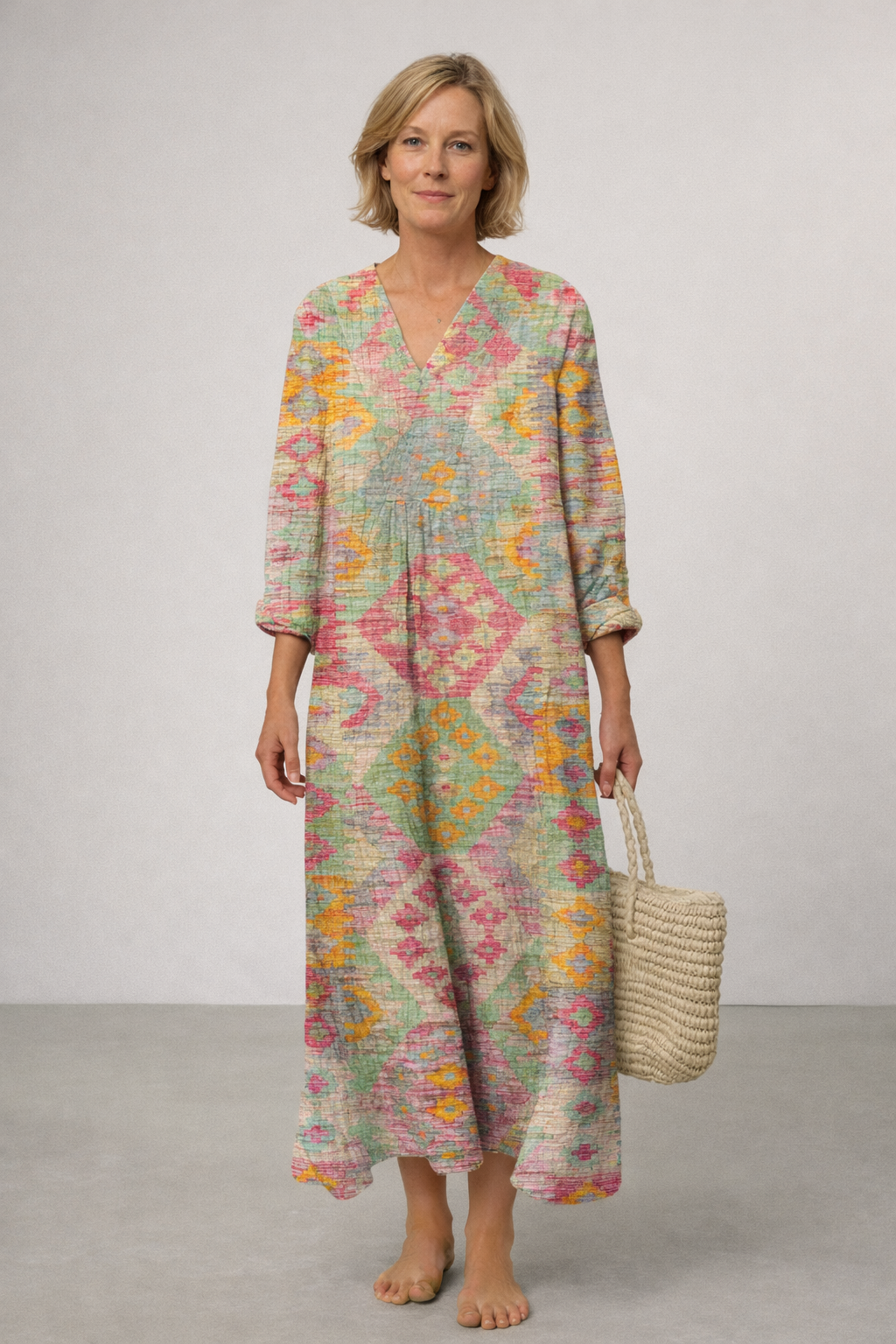 Coralie | Women's V-Neck Midi Dress with Geometric Pattern