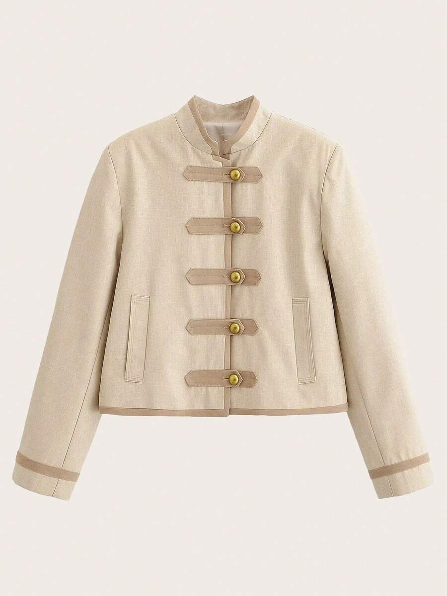 Elowina Women's Short Jacket with Stand-Up Collar and Button Placket