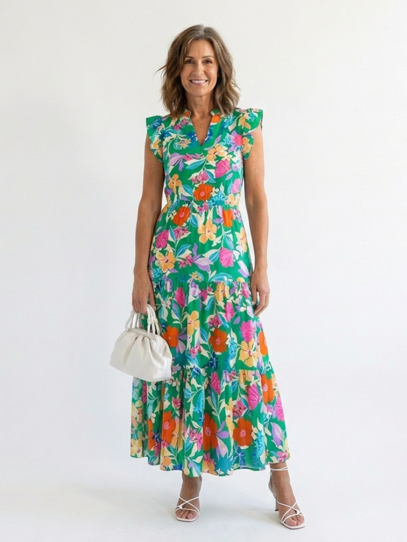 Flora Women's Midi Dress with V-Neck and Flutter Sleeves