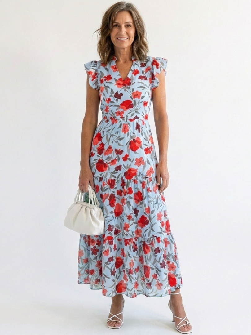 Maya Mode Damen Midikleid mit V-Ausschnitt und Flügelärmeln, Blumenmuster, mehrstufiger Rock