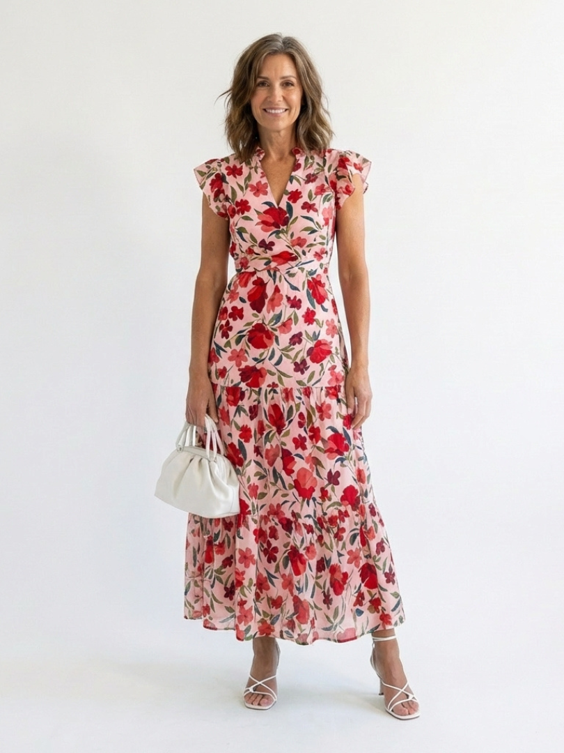 Maya Mode Damen Midikleid mit V-Ausschnitt und Flügelärmeln, Blumenmuster, mehrstufiger Rock