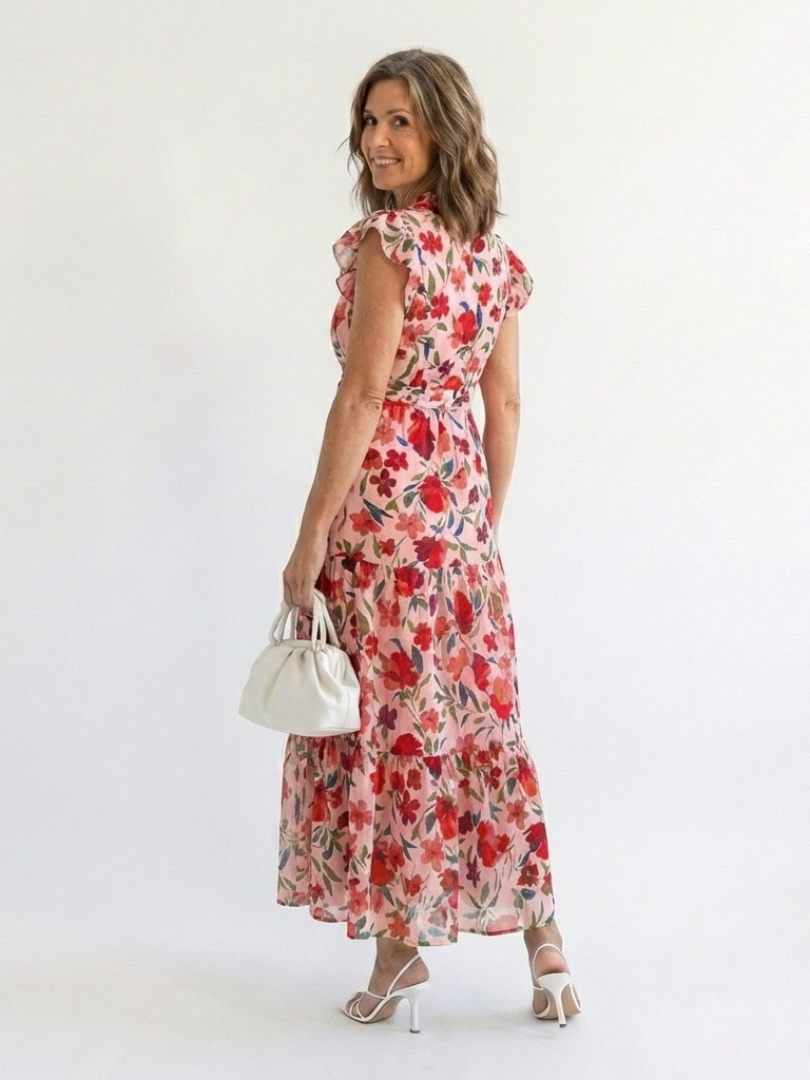 Maya Mode Damen Midikleid mit V-Ausschnitt und Flügelärmeln, Blumenmuster, mehrstufiger Rock