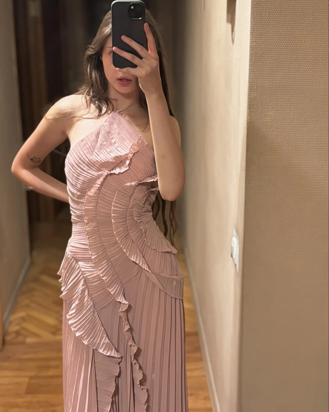Kirel Halter Neck Maxi Dress with Ruffles and Pleats