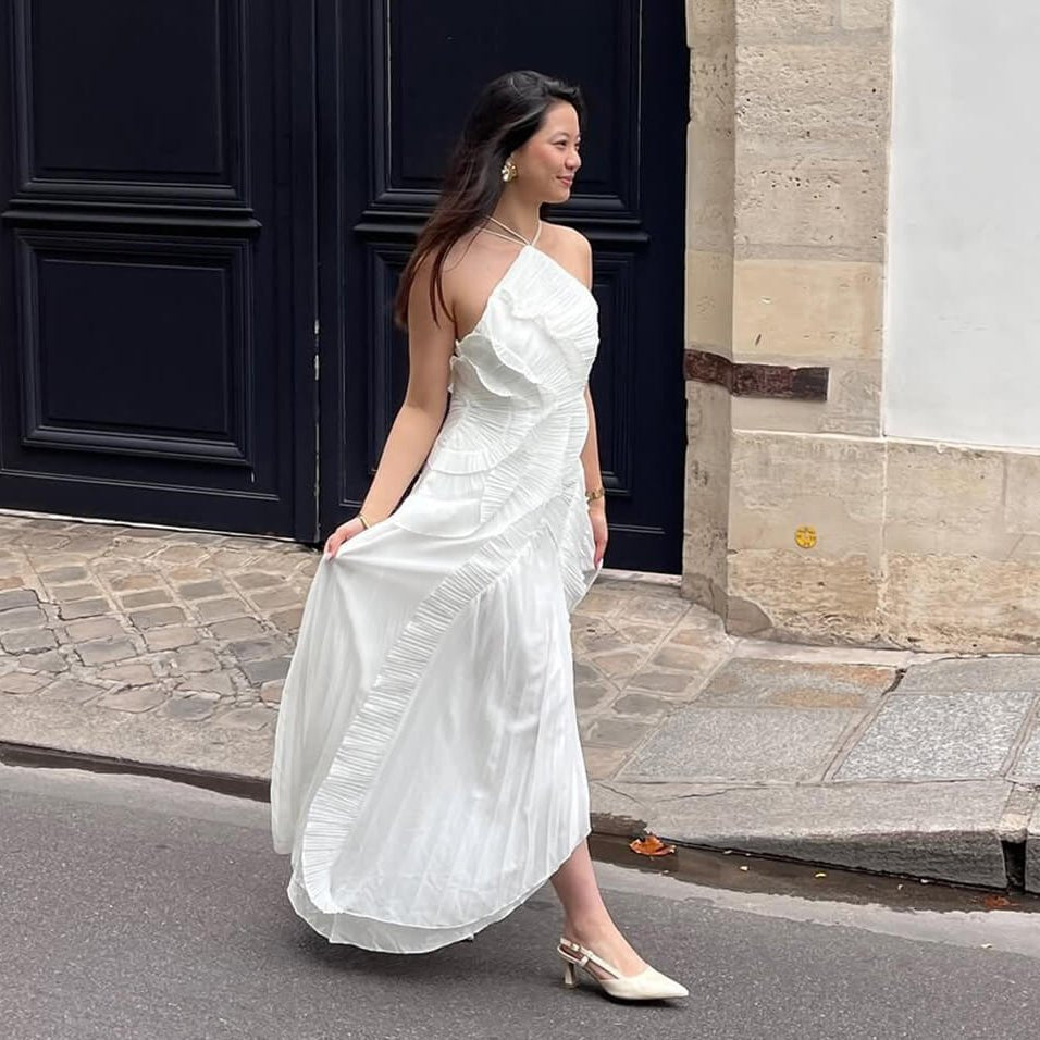 Kirel Halter Neck Maxi Dress with Ruffles and Pleats
