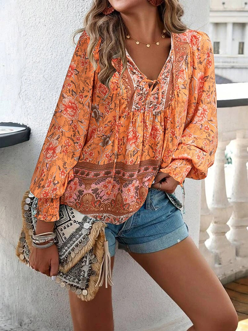 Women's Blouse with Floral Pattern, V-Neck and Tie Band