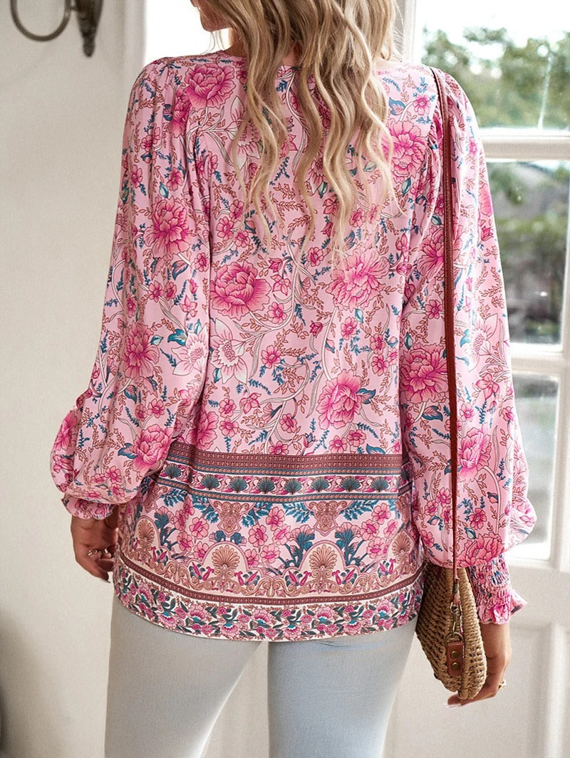 Women's Blouse with Floral Pattern, V-Neck and Tie Band